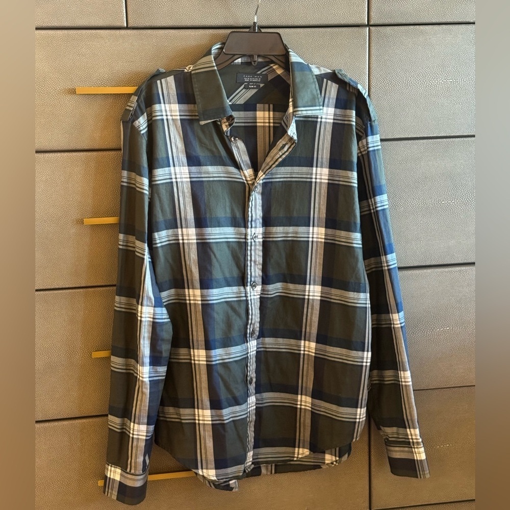 Zara Navy Olive Plaid Button Down Shirt
